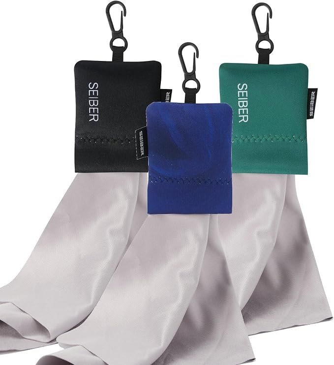SEIBER Microfiber Eyeglass Cleaning Cloth with Neoprene Pouch, 3P, BK Blue GRN | 7x7 in For Glasses, Laptops, Cameras, Screen, Self-Closing Bottom