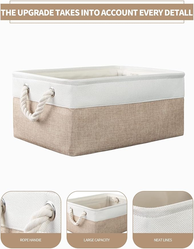 8 Pack Storage Basket Bins - Decorative Baskets Bulk Storage Box Cubes Containers with Handles for Clothes Storage Bathroom, Garage, Books, Home, Office, 13.7L x 9.8W x 6.7H (White&beige)