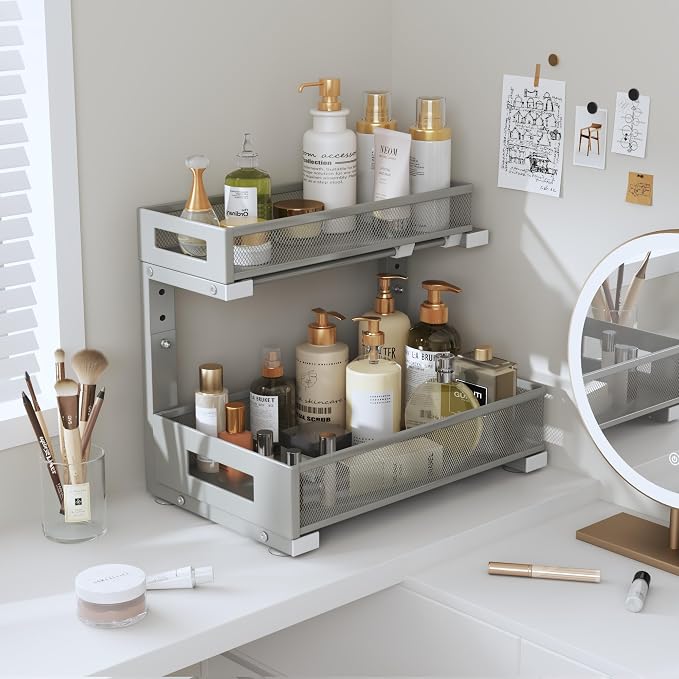 2-Pack Under Sink Storage Organizer, Large 2-Tier Elegant Mesh Pull Out Shelf for Kitchen and Bathroom Cabinet Organization, L-Shaped and Adjustable Height Design-Gun Gray