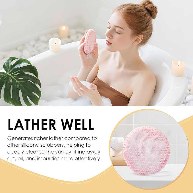 Hygienic Body Cleansing Scrubber with Exfoliating Net Sponge Case, Pink | INNERNEED Soft Silicone Bristles Deep Clean & Massage Shower Scrub Brush with African Exfoliating Bath Mesh