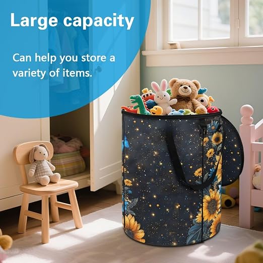 BIGCARJOB Sunflower Butterfly Camping Trash Can Outside Recycling Bin 22.83x17.71 in, Large Trash Can Pop Up Rubbish Bins with Clip and Zipper Lid(23 Gallons)