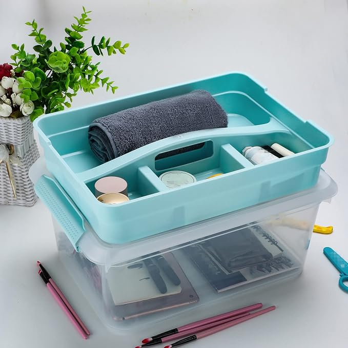 BTSKY Stack & Carry Box, Clear Plastic Storage Container Stackable Home Utility Box with Removable Tray Multi-Purpose Storage Bin for Organizing Stationery, Sewing, Art Craft Supplies(Blue) | Stackable Home Utility Box Multi-Purpose Storage Bin for Org...