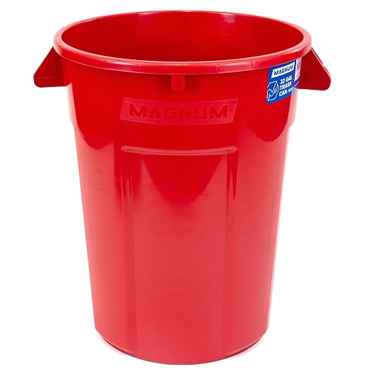 Magnum 32 Gallon Trash Can, High-Vis Red, Construction Grade, Heavy Duty Plastic, Jobsite Ready for Handling and Holding Garbage CMTC-C000-32R01 (1 Pack)