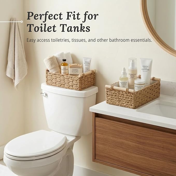 DECOMOMO Paper Rope Wicker Storage Basket, Bathroom Organizer | Back of Toilet Basket, Toilet Tank Tray, Countertop, Home Decor (Set of 2, Beige)