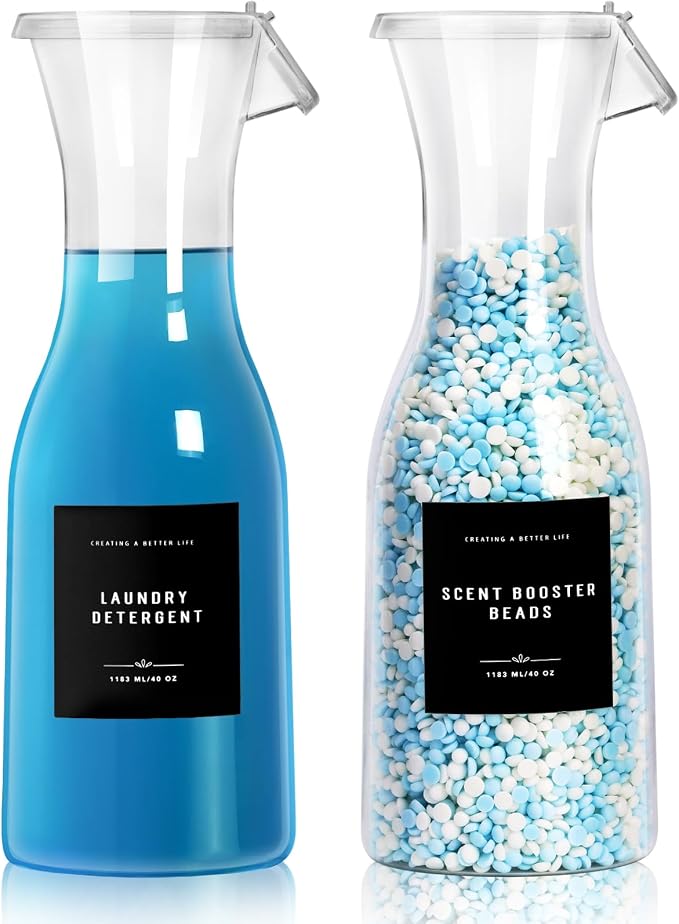 Laundry Detergent Dispenser Bottle 40oz with Waterproof Label for Detergent, Soap, Fabric Softener, Scent Booster Beads, Sturdy PET Bottle for Laundry Room Decor - 2 Pack Black