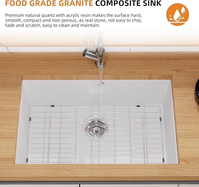 Quartz Kitchen Sink, 27 Inch White Undermount Kitchen Sinks, Deep Single Bowl Granite Composite Sink, Modern Sinks Providing Complete Accessories, Spacious Workspace and Easy Cleaning