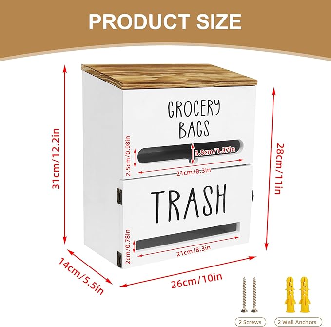 2 in 1 Trash Bag Dispenser, Double Wall Mounted,Wood Trash Bag Holder, used in kitchen, garage, laundry room, can store Environmentally friendly food bags and garbage bags (White)