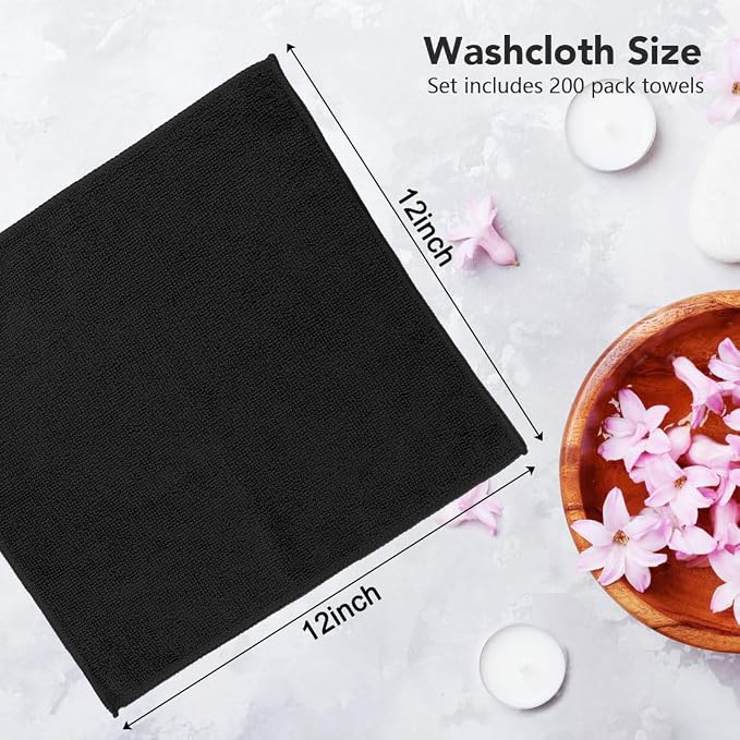 Orighty Washcloths Bulk, 200 Pack Microfiber Face Towels, 12x12 Inch Black | Highly Absorbent & Soft Feel, Multi-Purpose Wash Cloths & Hand Towels for Bathroom, Hotel, Spa, and Gym