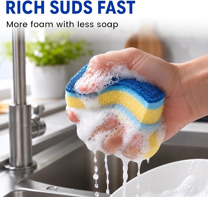 12 PCS Sponges Kitchen, Non Scratch Scrub Sponges for Washing Dishes, Blue | 3-Layer Kitchen Sponge, Dual-Sided Cleaning, Rich Suds Fast, Easy-Grip Design, Easy Rinse & Quick Clean