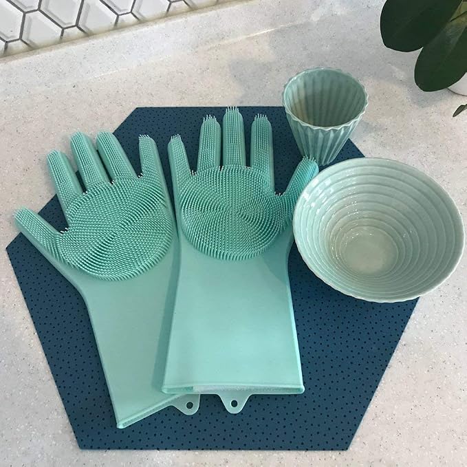 Silicone Dishwashing Gloves, Pet Grooming Rubber Scrubbing for Dishes, Sponge Wash Cleaning with Scrubbers (13.6" L)