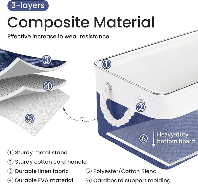 13.8x9.8x6.7 Inch Fabric Small Storage Bins with Handles 6 Pack | Foldable Storage Basket, Sturdy Metal Strand, Cardboard Support Molding, Small Baskets for Organizing, Shelves, White/Blue