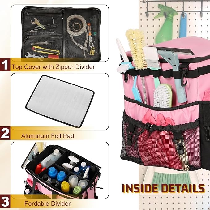 Large Rolling Cleaning Caddy with Cleaning Caddy Apron, Pink | Cleaning Caddy Bag with Detachable Trolley, Handles and Shoulder Strap, Cleaning Supplies Organizer for Cleaners Housekeepers