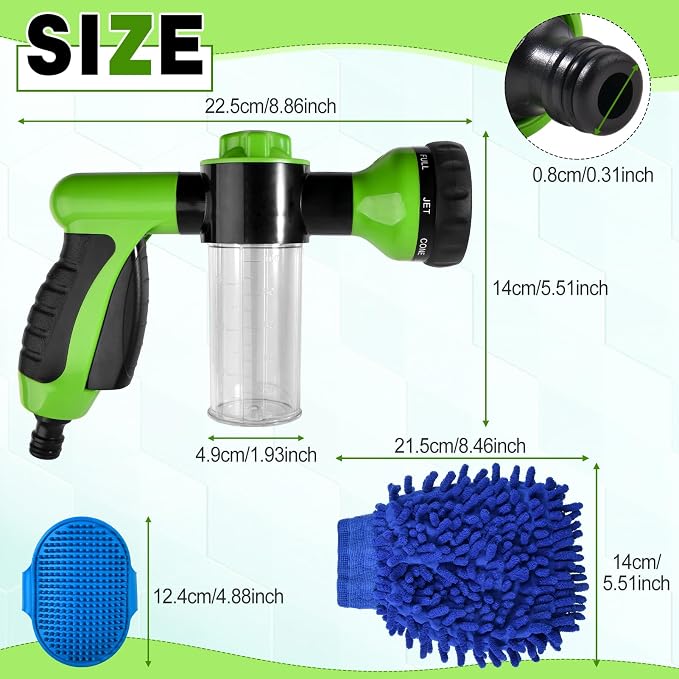 Dog Wash Hose Attachment with Soap Dispenser, 8 Spray Patterns | ABS Nozzle, TPR-Coated Grip, with 100cc Soap Dispenser, Car Wash Glove, Pet Brush, Quick Connector & Tape, for Car Wash & Dog