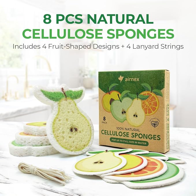 AIRNEX Biodegradable Cellulose Compressed Sponges Bulk - Fruit Shaped Kitchen Pack of 8 - Eco Friendly, Odor Free, Natural, Pop Up Compostable Scrubbers for Washing Dishes