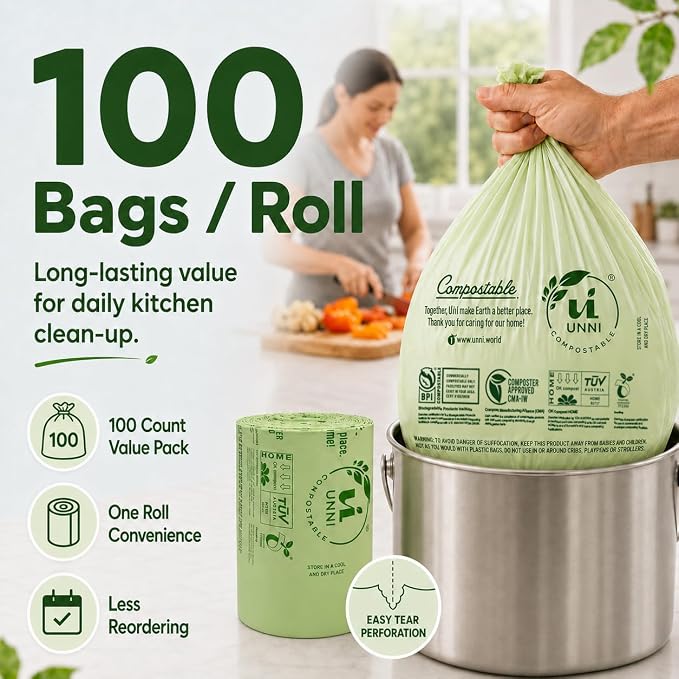 UNNI 4 Gallon Compostable Bags, 100 Count, 15 Liter, Extra Thick 0.75 Mil | Small Compost Bags for Kitchen Food Scrap Bins & Compost Caddies, Certified by BPI, CMA & OK compost HOME, Meets ASTM D6400