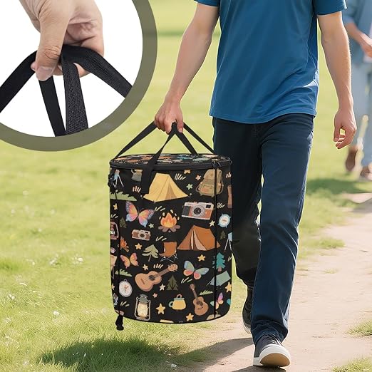 Black Collapsable Trash Can with Lid 20+ Gallon Cute Trash Can Bags with Butterfly Tent Print Waterproof Outdoor Garbage Cans for Camping, RV's, Picnic