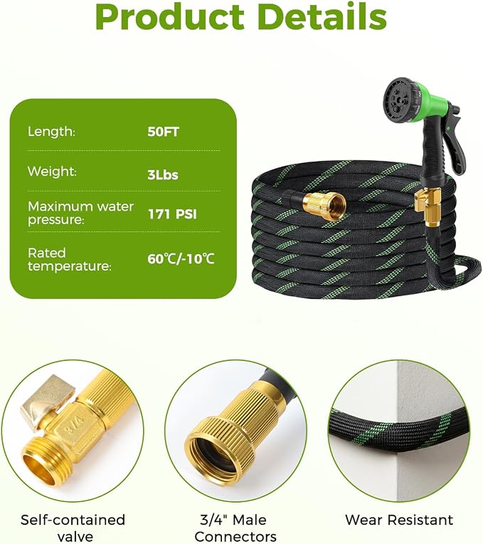 50ft Garden Hose，Non-Expandable Water Hose with 8 Function Spray Nozzle, Burst-Resistant，Kink-Free，Lightweight，Durable & Flexible 3/4" Garden Hose for Gardening, Yard，Lawn, Car Washing