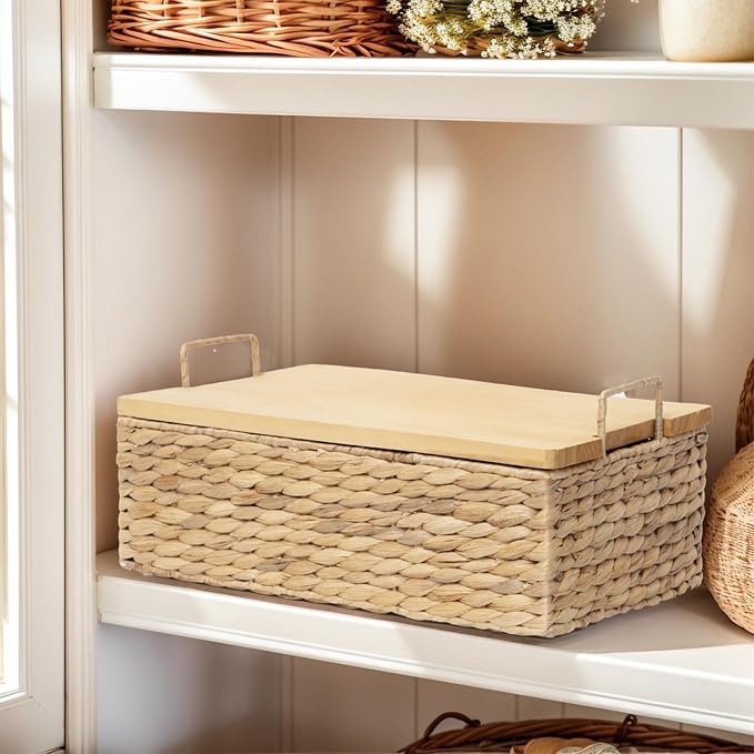 Handmade Water Hyacinth Wicker Baskets with Wooden Lid (Small) | Rectangle Natural Woven Decorative Household Storage Organizer for Picnics,Countertops,Bathrooms,Kitchens,Pantries,Shelves