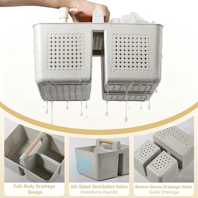 Portable Shower Caddy Basket Plastic Caddy Organizer with Handle Grey | Sturdy Drainage Large Capacity Cleaning Supplies Caddy Tool Storage for Bathroom Kitchen Bedroom College Dorm Essentials