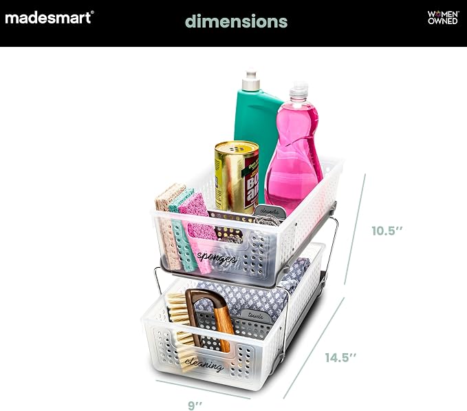 madesmart Two Tier Pull Out Organizer, Frost | adjustable dividers, tiered access, cleaning supplies, under sink use, pantry bottles, woman owned