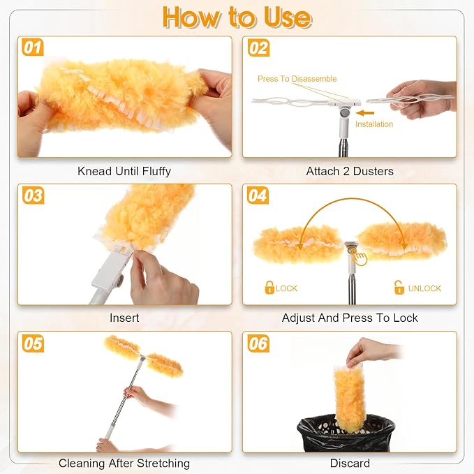 40 Pcs Heavy Duty Duster Refills with 6 ft Extendable Handle and 1 Pair of Gloves, Compatible with Swiffer 360° Disposable Microfiber Feather Dusters Kit for Cleaning Home(Orange)