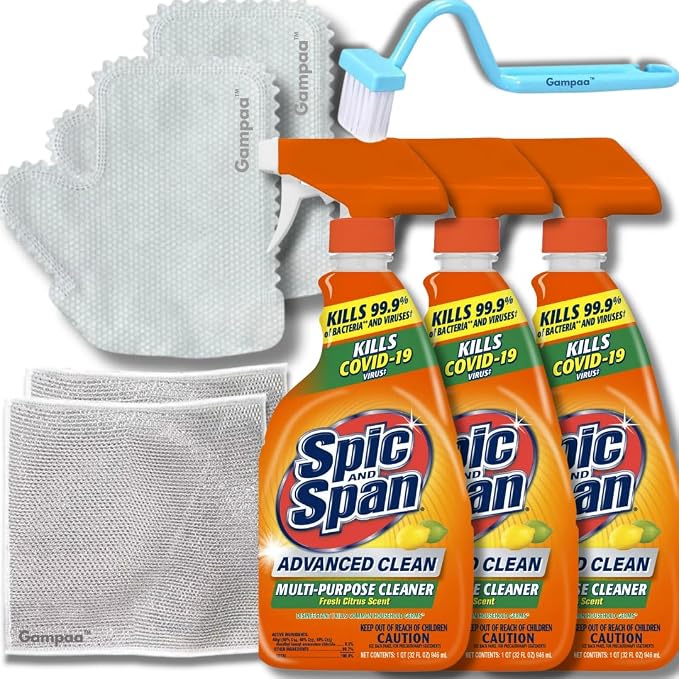 Spic & Span 32oz 3pk Advanced Cleaning Spray Citrus Scent Bundle Cleaning Gloves, Cleaning Brush, and Multipurpose Wire Miracle Cleaning Cloths (4 Items)