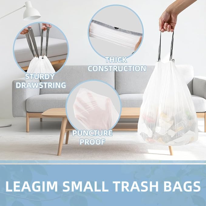 2.6 Gallon Trash Bags, 200 Count White Trash Bags Drawstring Small Garbage Bags Thick Pre-separated Unscented Trash Can Liners for Bathroom Office Kitchen Bedroom Home
