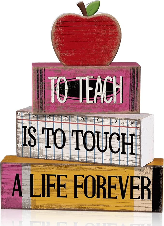 Moucuny 4 Pcs Back to School Table Decorations Retro Red Wooden Apple Decor | Back to School Centerpiece, Rustic Farmhouse Style, Teacher Appreciation Gift, Classroom Desk Display for Home Kitchen