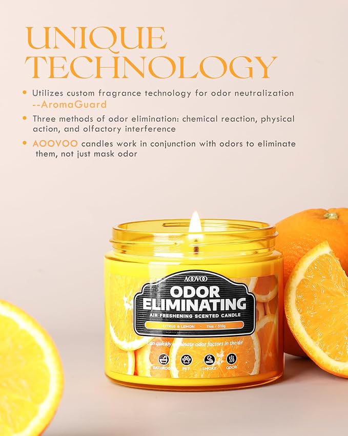 AOOVOO Citrus Lemon Large Odor Eliminating Candle - 11oz Soy Candles | Eliminates 95% of Smoke, Food, Pet and Other Smells Quickly, Non Toxic Air Freshing Candle, Up to 50 Hours Burn time