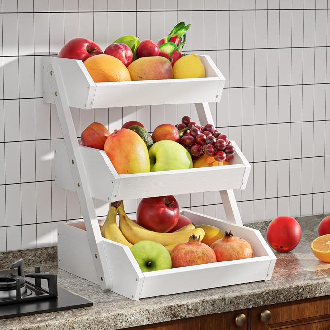 G.a HOMEFAVOR 3-Tier Fruit Basket for Kitchen Counter, White, Self-assembly | Large Fruit Bowl for Fruit Shop, Vegetable Storage Stand and Home Organizer, 15 mm Thickness