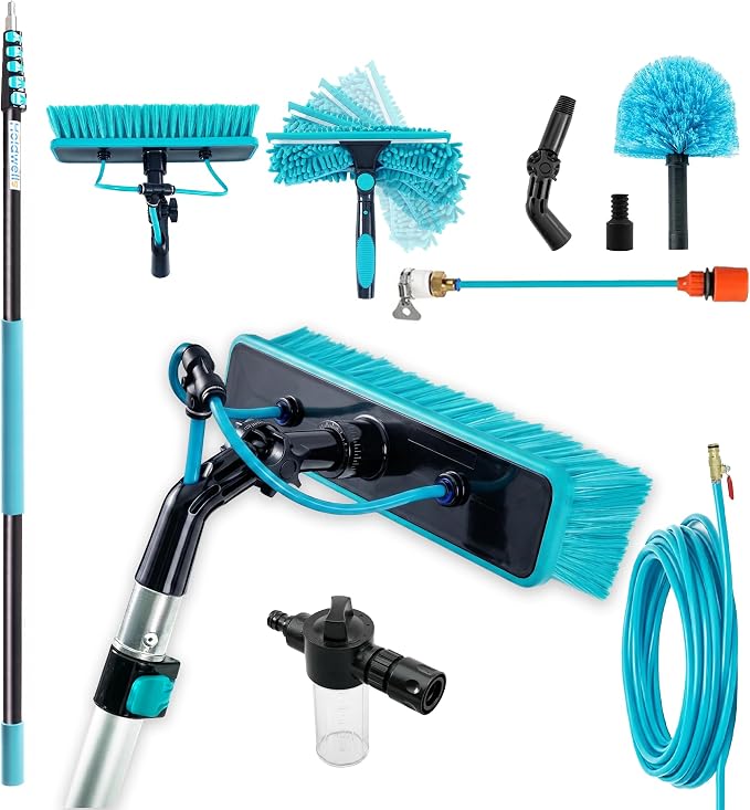 Solar Panel Cleaning Kit, 27FT Water Fed Pole with Extendable Handle, 180° Rotatable Brush Head & 65.6FT Hose, Household & Outdoor Window Cleaner Tool for Caravan Solar Panel Deck