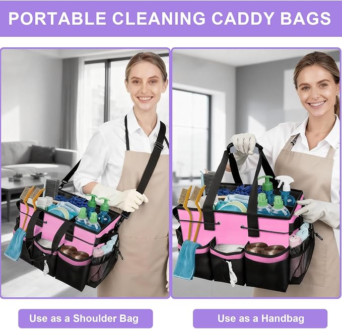 Cleaning Caddy Bag Heavy-Duty Organizer Tote for Housekeepers, Janitors & Home Cleaning Supplies with Adjustable Shoulder Strap & Multiple Pockets (Pink)