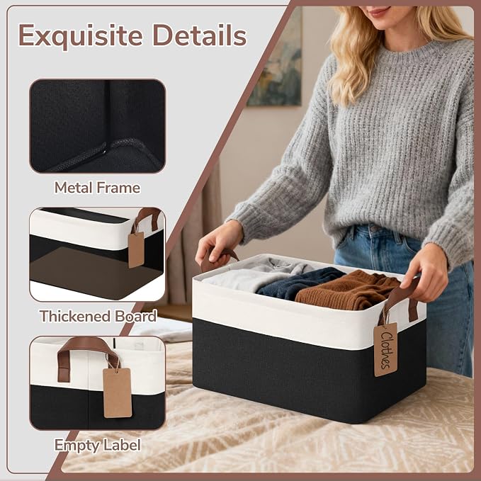 CHICVITA 4 Pack Fabric Storage Bins for Shelves, 20L Black & White | 14.8" × 10.3" × 8.3" Collapsible Storage Baskets for Towels, Clothes & Toys, Fits Closet & Shelf Organization, Metal Frame