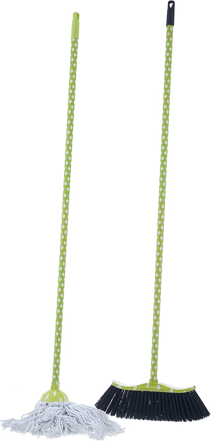 Superio Cotton Mop and Broom Set, Light Green Polka Dot Print Design, Superior Cleaning Tools Broom and String Mop.