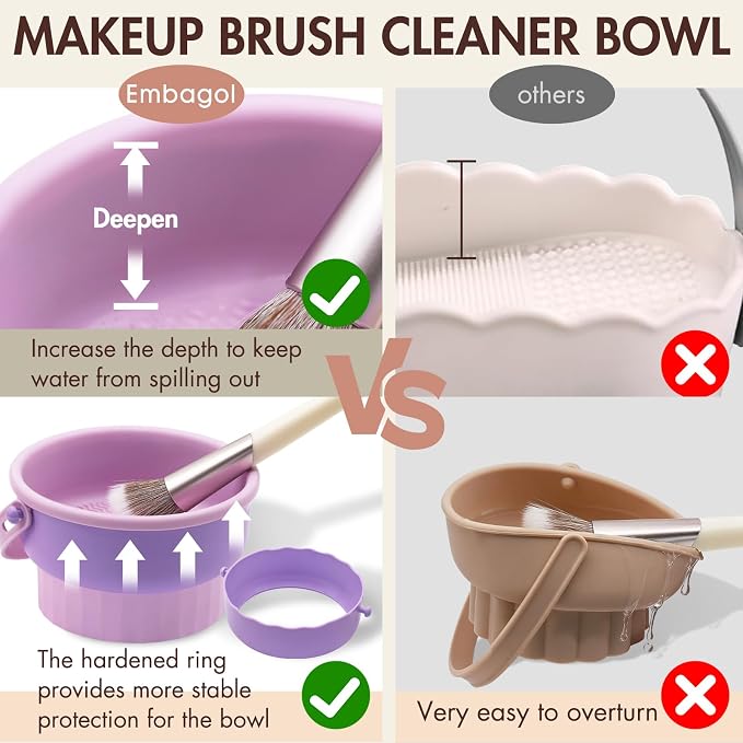 Makeup Brush Cleaner Mat, Brush Cleaner Bowl For Deep Cleaning Tools, 3 in 1 Cleaning Tool Makeup Organizer Storage for Brushes, Powder Puffs, and Sponges(Purple)