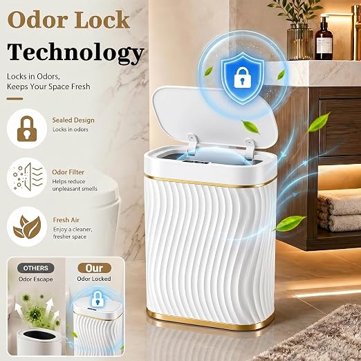 5 Gallon Automatic Bathroom Trash Can with Touchless Lid, White Gold | Motion Sensor Trash Can with Slim Waterproof Body; Small Plastic Garbage Can, hands-free lid for Bedroom, office, and kitchen
