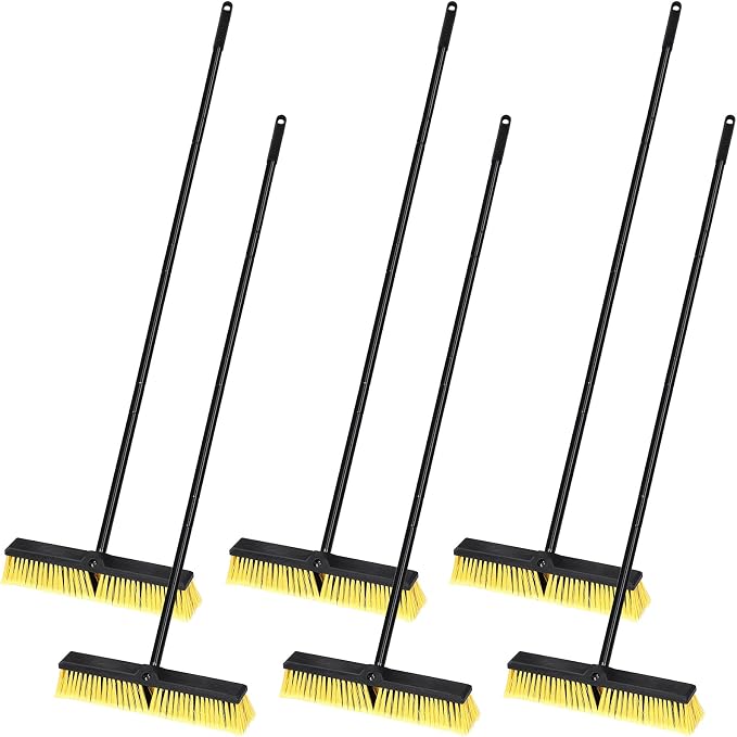 Zhehao 6 Pack 18 Inches Push Broom Outdoor, Multi Surface Garden Brush Broom with Adjustable 63" Long Handle for Deck, Driveway, Patio, Warehouse, Garage, Yard, Concrete Floor Cleaning (Yellow)