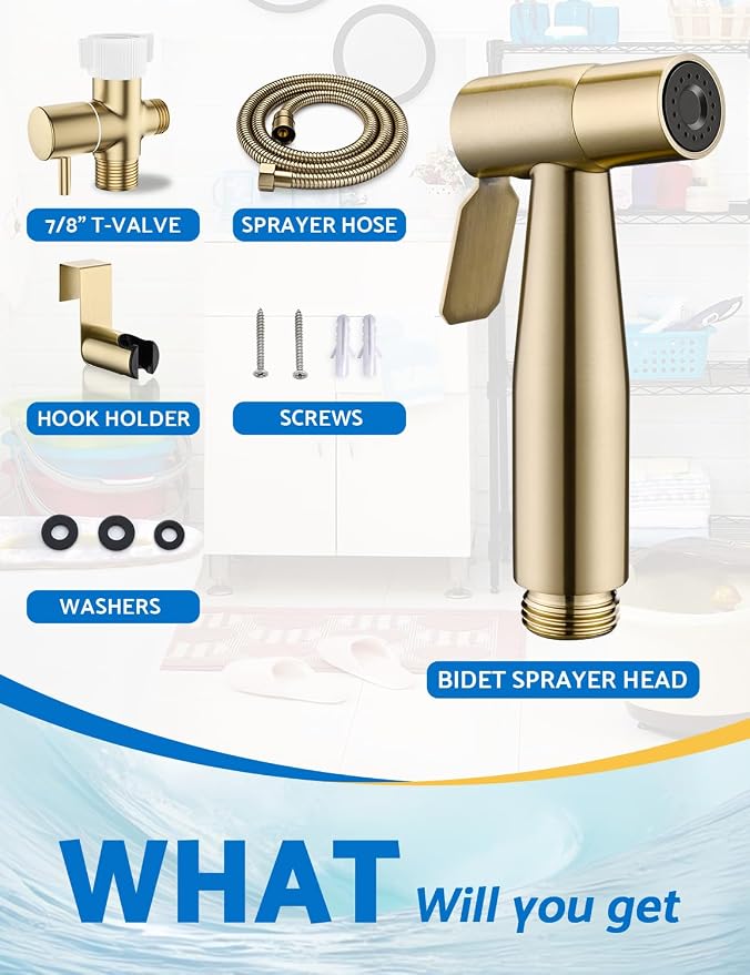 BRITULIF Bidet Sprayer for Toilet, Adjustable Pressure, Gold | Leak-Free Hose, Tank or Wall Mount, Feminine Wash, Cloth Diaper Rinse, Stainless Steel Body, Nozzle, Soft Silicone Nozzle