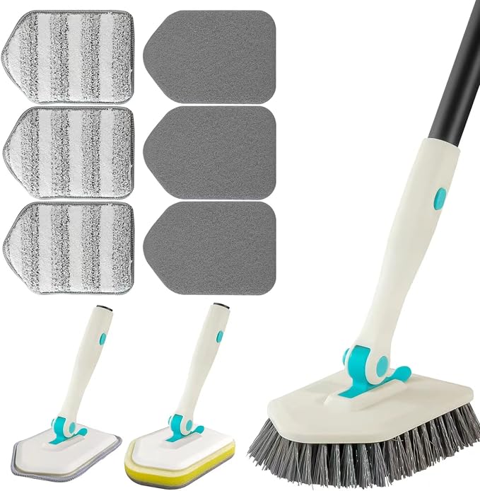 3 in 1 Scrub Cleaning Brush with Long Handle 51'' - Shower Bathtub Tub & Tile Scrubber Brush Include 1 Stiff Brush Head & 3 Scouring Pads & 3 Microfiber Clothes, for Wall Bathroom Glass Bathtub(White) | Tub & Tile Scrubber Brush of 1 Stiff Brush Head &...