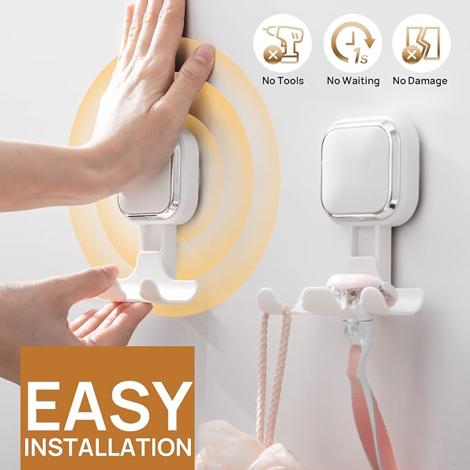 LEVERLOC 2 Pack Vacuum Suction Cup Razor Holder for Shower No Drill, White | Heavy Duty 11KG Shower Hooks for Towel, Loofah, Razor, Waterproof, Damage-Free Hanging Suction Cup, Easy to Install and Reuse