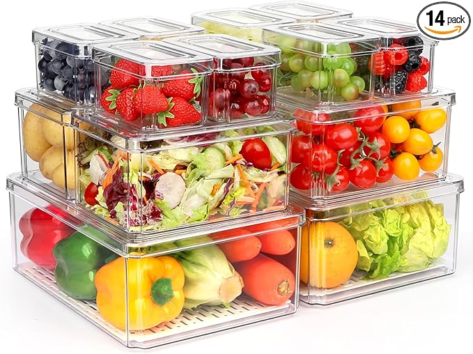 14Pack Fridge Organizer, Stackable Refrigerator Organizer Bins with Lids | BPA-Free Clear Plastic Storage Containers For Kitchen Cabinets, Fridge, Drinks, Fruits, Vegetables, Cereals, Counter Storage