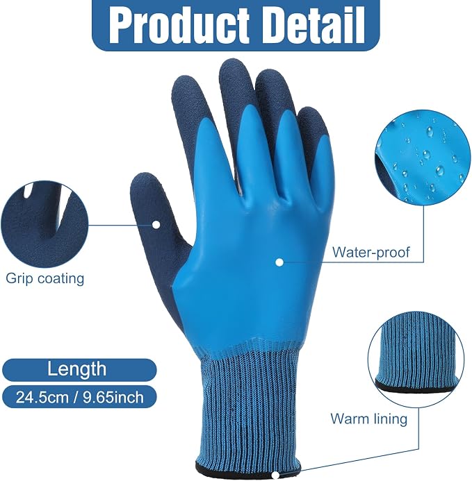 12 Pairs Waterproof Work Gloves Bulk, Safety Work Gloves for Men and Women, Double Coated Latex Non-Slip Grip, Durable for Gardening, Construction, Car Cleaning and Outdoor Activities (Blue)