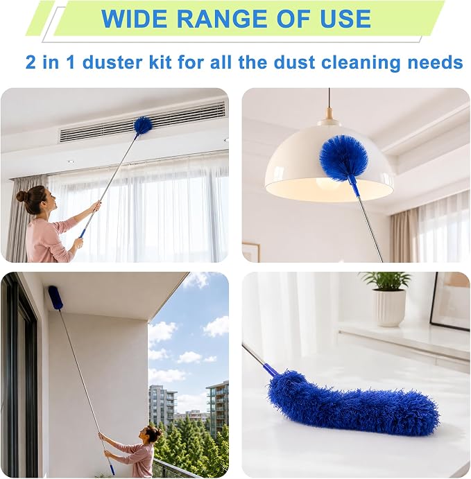 Cobweb Duster with Extension Pole, Spider Web Brush, 100" Microfiber Feather Duster, Washable Cleaning Kit for Ceiling Fan, Furniture, Home, Blue