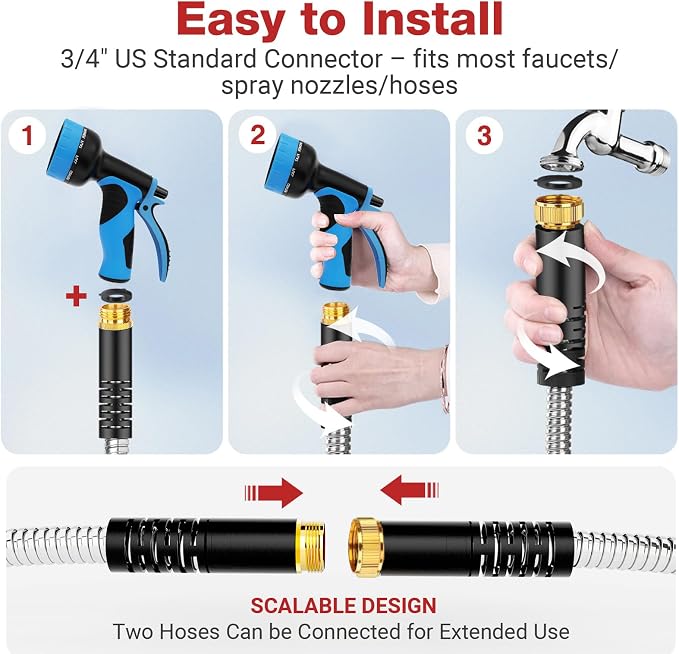 Lefree 75ft Metal Garden Hose - 304 Stainless Steel Water Hose | Flexible Heavy Duty No Kink Leak Proof with Upgraded Handle & Spray Nozzle for Yard Garden Pet Bath Outdoor Cleaning