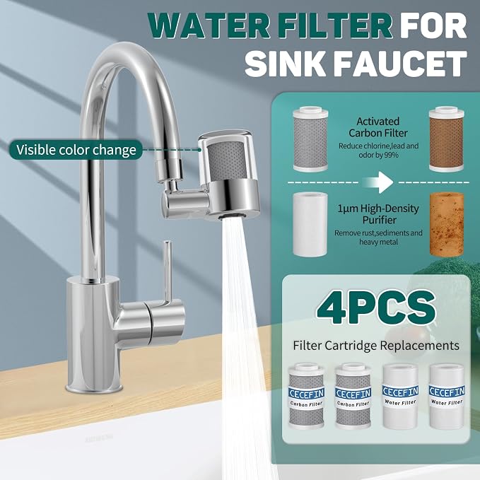 CECEFIN Sink Faucet Water Filters for Bathroom Kitchen, 99% Reduce Chlorine | NSF/ANSI/CAN 372 Standard,720 Swivel Faucet Mount Water Filtration System, 2-Mode Spray, Lasts 528 Gallons Tap Water Purifier