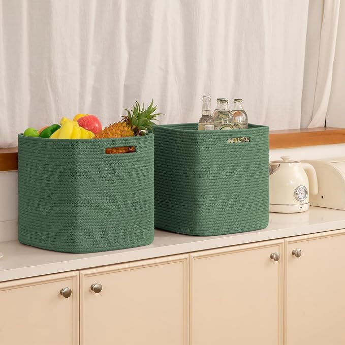 OIAHOMY 2 PACK Cube Storage Bin 13 Inch Collapsible Storage Cube Green | Cube Storage Organizer Storage Bins for Shelves Baskets for Organizing Woven Rope Storage Baskets
