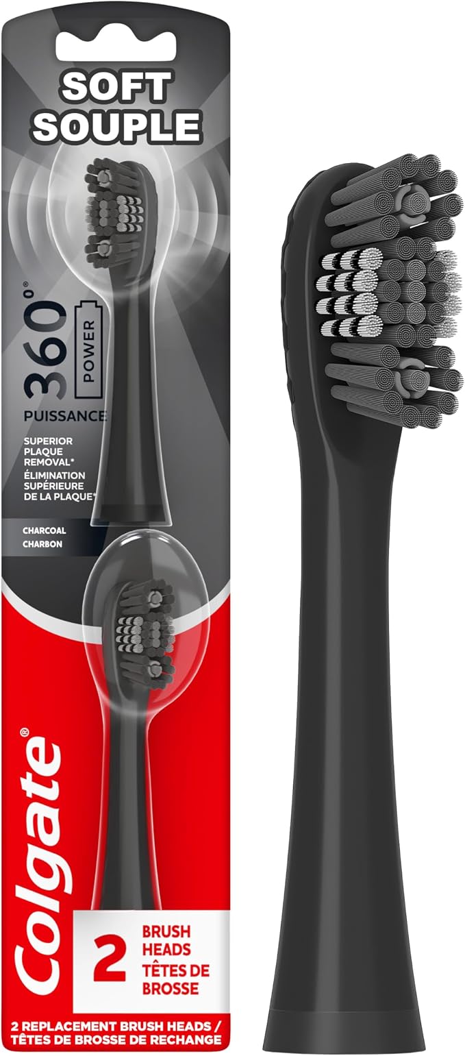 Colgate 360 Battery Powered Replacement Toothbrush Heads, Black, 2 Pack | Fits Any Colgate 360 Battery Powered Electric Toothbrush, Soft Bristles, Rubber Polisher, Removes Odor-Causing Bacteria