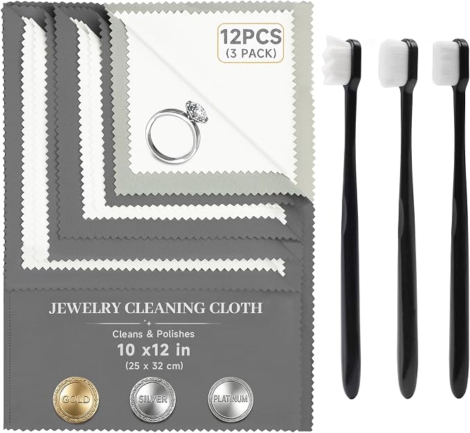 6 PCS Large Silver Polishing Cloth Kit, 3 Pack 10" x 12" Jewelry Cleaner Cloths with 3 Soft Brushes, Tarnish Remover & Scratch-Free Cleaner for Silver, Gold, Diamond, Coins, Watches, Deep Gray & Gray