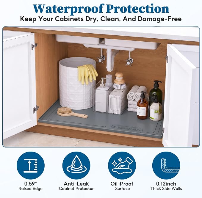 Aisslro Waterproof Under Sink Mat 25"x19", Silicone Mat, Dark Gray | BPA-Free Shelf Liner, Raised Edge Traps Spills & Leaks, Bathroom, Kitchen Cabinet, for Boots, Pets, Home Essentials Organizer