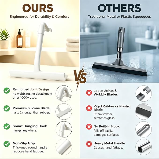 Shower Squeegee for Glass Doors: Streak-Free Silicone, 8.27 inch | One Swipe Silicone Blade, Built-in Hook for Easy Hanging, Versatile for Bathroom Mirror & Car Window (Classic White)